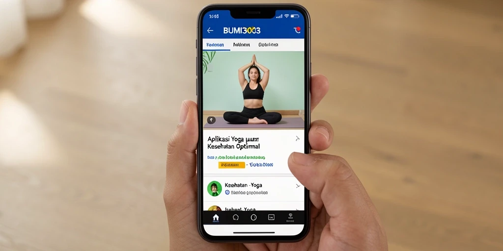 Antarmuka aplikasi BUMI303 menampilkan berbagai pose yoga yang menarik.