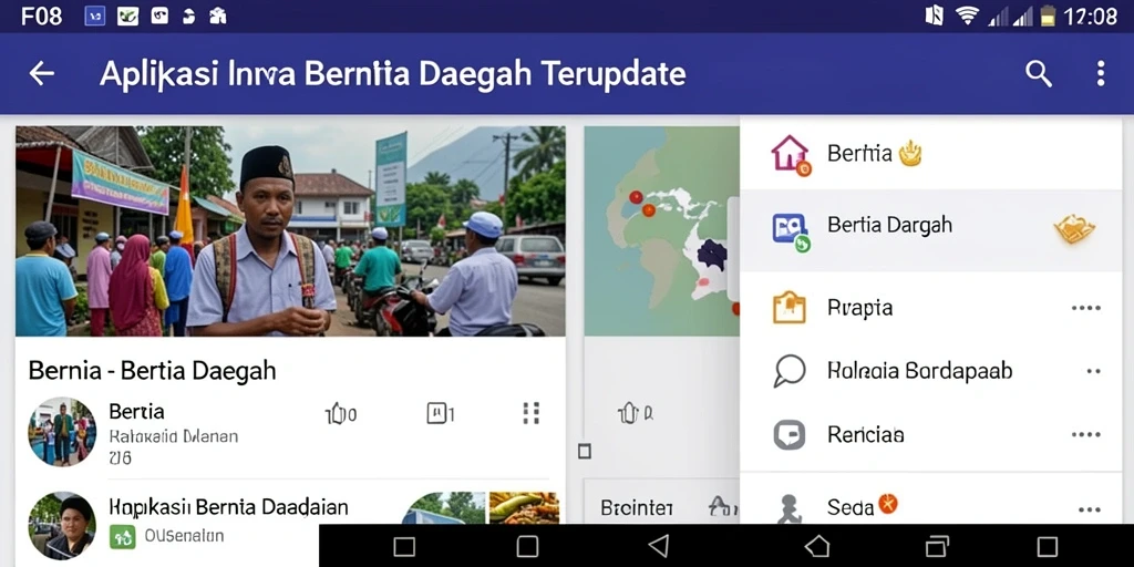 Tampilan antarmuka utama aplikasi F08 dengan berbagai kategori berita.