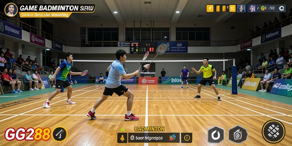 Tampilan antarmuka GG288 menampilkan aksi badminton yang mendebarkan.